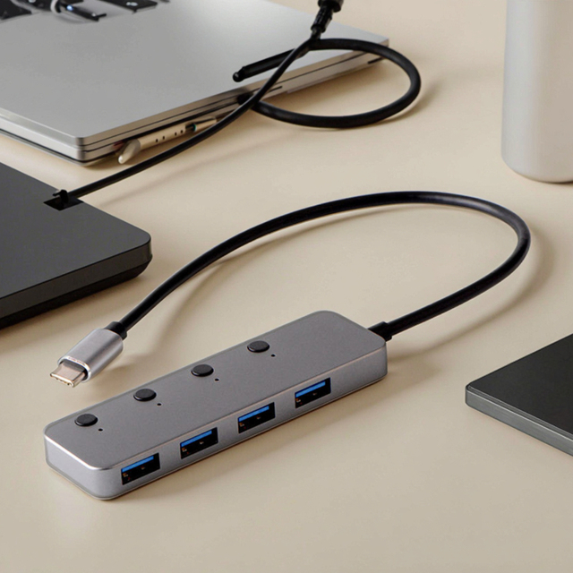 WFYEAR 4-Port USB 3.0 Type-C Hub Aluminum Alloy Individual Switch for MacBook Pro Mini Docking Station Laptop in Stock