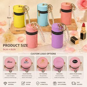 Premium PU Leather <b>Mini</b> Lipstick Case with Pearl Keychain Portable Cylinder Makeup Bag for Gift OEM - Product Image 3