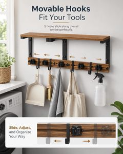 Soporte de Pared para Escobas y Fregonas, Estante de Madera de 27 Pulgadas |   Ganchos Metálicos Móviles de Diseño Rectangular de un Solo Nivel con 5 Pinzas Resistentes para - Product Image 6
