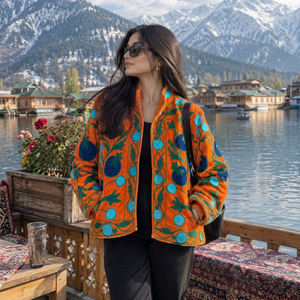 Veste Bohème Brodée Oranges, Fleurs et Grenades, Motif Artistique Bleu, Style Suzani, Art Populaire, Blazer Hiver Botanique - Product Image 1
