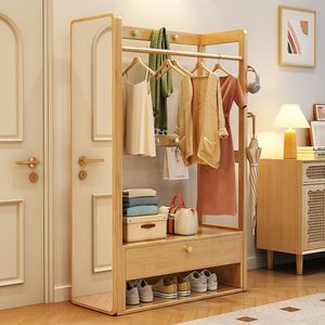 Solid Wood Coat Rack With Mirror Storage Drawer <b>Shoe</b> Rack For Bedroom Home Use Modern Minimalist Style 64-124CM - Product Image 1