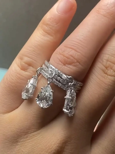 Bague de fiançailles de luxe en or blanc 14 carats avec diamant de laboratoire triple poire 1 carat, sertie pavé, bijou de mariée imposant - Product Image 5