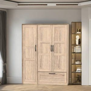 FURNIZONE Modern Space-Saving Wooden Panel 3-Door Wardrobe Closet 5 Shelf&1 Drawer <b>Slim</b> Floor Mount Storage <b>Cabinet</b> Bedroom - Product Image 1