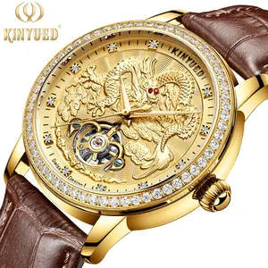 Kinyued Hoge-Kwaliteit Metalen Lederen Horloge Mode Chinese Draak Ontwerp Heren Horloge