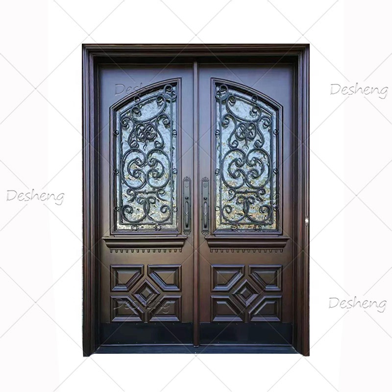 Exterior Solid Wood Mahogany Steel Flower Iron Gate Design Decorative Glass Glazing Wooden Double Main Door