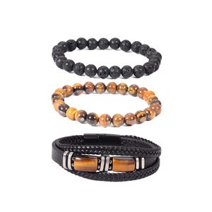 Tiger's Eye <b>Bracelet</b> Volcanic Stone <b>Bracelet</b> <b>Set</b> Men's Leather Jewelry Gift Fashion Jewelry <b>Sets</b> Yiwu Origin Round Ball Shape - Product Image 4