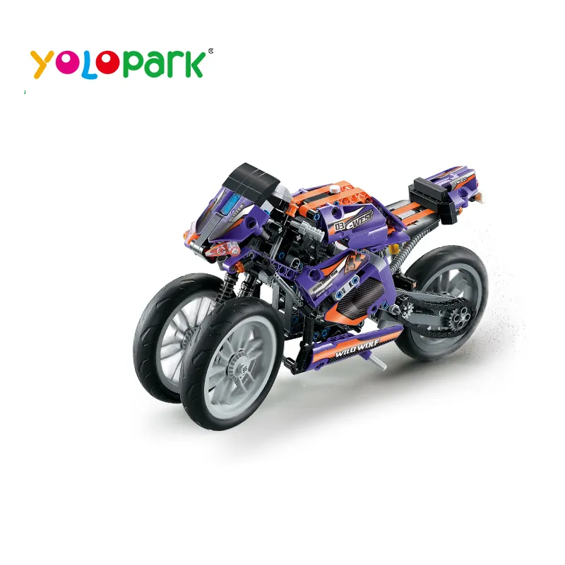 Moc technologie — blocs de construction de moto, flamme violette, roue géante