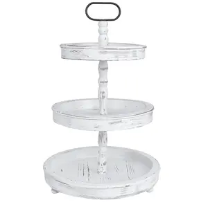 Wholesale Distressed Wooden 3 Tier Wood Farmhouse Serving Tray Stand with Metal Round Decorative Handle