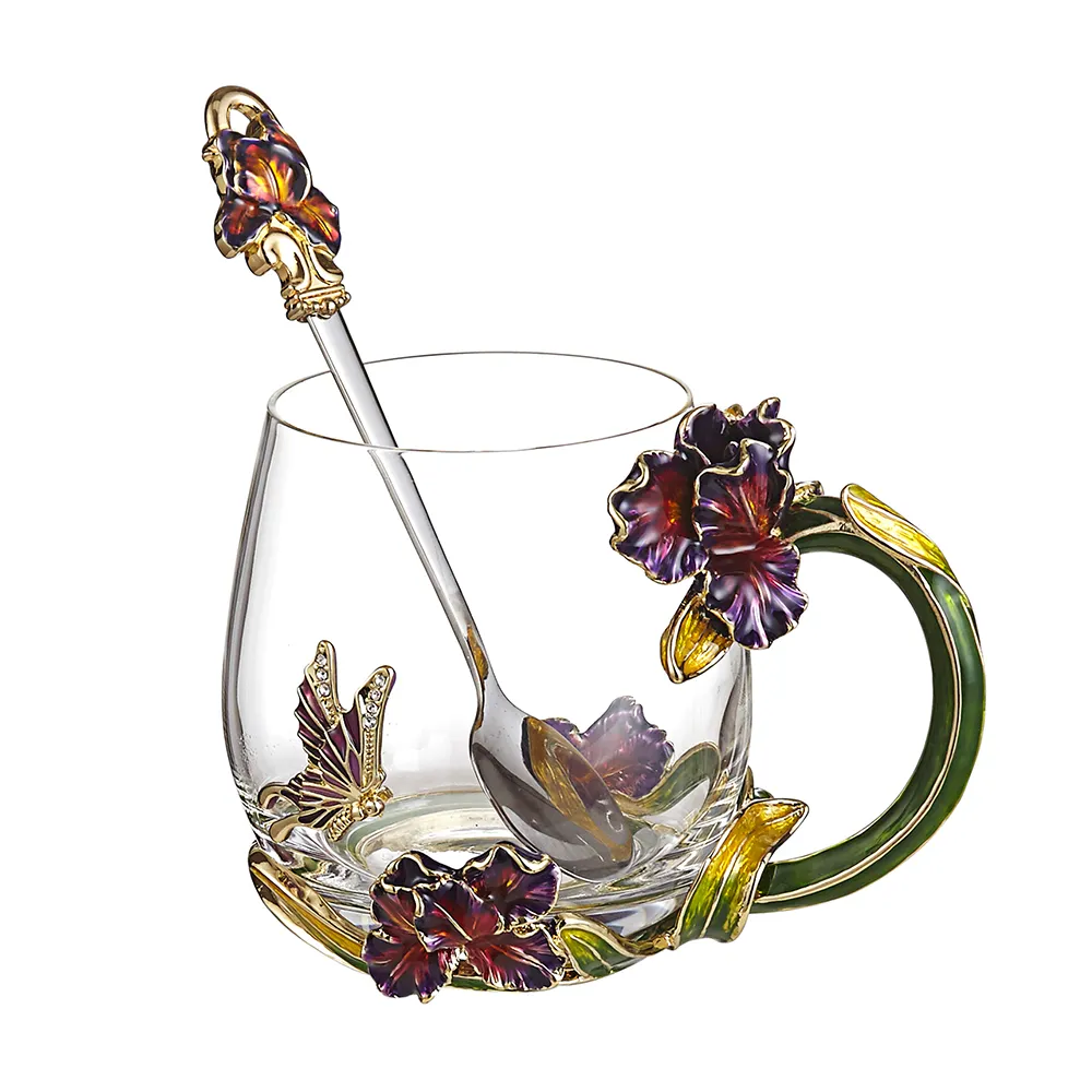 NOSHMAN personnalisé 320ML couleur émail iris fleur verre fleur poignée cristal thé tasse à café tasse avec cuillère délicate pour cadeau