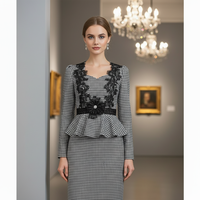 ZYHT 21950 Robe Midi Femme Élégante et Douce, Noire et Blanche, Tissée Pied-de-Poule, Taille Naturelle, Manches Longues, Broderie Dentelle, Écologique