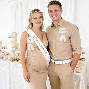 Decorazioni per Baby Shower 'Ci Vediamo Presto', Fascia con Conchiglie Bianche, Corona Floreale, Distintivi 'Future Mamma' e 'Future Papà' per Festa del Bambino - Product Image 6