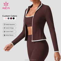 Chaqueta Deportiva Personalizada HUCAI, Ajustada, de Spandex y Nailon, con Cuello Alto, para Yoga, Gimnasio, Entrenamiento, para Mujer, con Ribete en Contraste y Cierre Completo