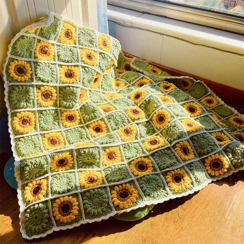 2023ใหม่ Soft Sunflower ถักโครเชต์ Handmade ถัก Chunky ผ้าห่มอินทรีย์ Granny Square ผ้าห่ม Afghan W5290