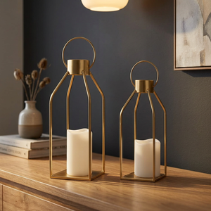 Juego de 2 Faroles de Metal Dorado Resistentes, Faroles Geométricos Colgantes para Mesa, Decoración Rústica para el Hogar, Navidad, Jardín, Festivales - Product Image 5