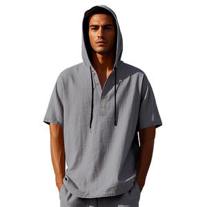 Cross Border Men's Summer <b>Linen</b> Hooded Henley <b>Shirt</b> <b>Short</b> <b>Sleeve</b> Breathable Casual Loose Fit Sport Wear - Product Image 3