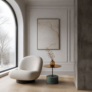 <span class=keywords><strong>Tavolino</strong></span> da Caffè Scultoreo Rotondo Moderno in Marmo Verde Naturale Indiano con Base Cilindrica in Bronzo e Piano in <span class=keywords><strong>Vetro</strong></span> Fumé di Lusso Personalizzabile - Product Image 1
