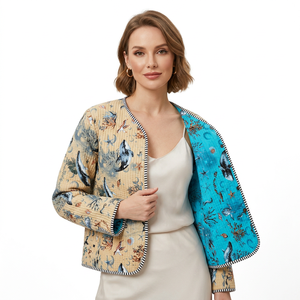 Bohemian Short Autumn Women's Cotton Reversible <b>Quilted</b> <b>Jacket</b> with Handmade Block Print - Product Image 1