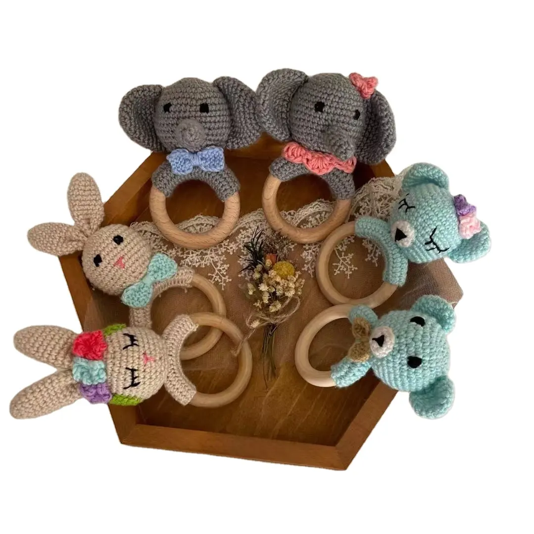 निर्माता लो मॉक हस्तनिर्मित क्रोकेट हाथी बनी लकड़ी की अंगूठी शुरुआती खिलौना लड़कों लड़कियों के लिए