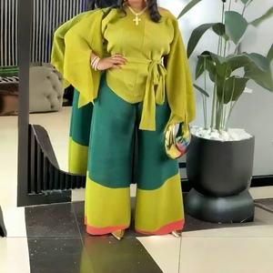 Conjunto de 2 Piezas para Mujer Talla Grande Africana, Top Asimétrico Plisado Informal y Pantalones Largos con Bloques de Color, Corte Holgado, a la Moda - Product Image 5