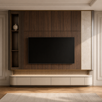 Mueble de TV Moderno de Madera con Consola Flotante para Montaje en Pared, Estantes con Pantalla LED y Paneles de Pared Acanalados para Sala de Estar