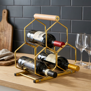 Porte-vin moderne en laiton avec poignée en bois, capacité 3 bouteilles, design minimaliste pour la présentation à domicile - Product Image 6