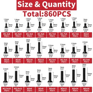 860PCS Small Computer Screw Combination Kit Black Micro Glasses Screw M1.2 M1.4 M2 M3 - Product Image 3