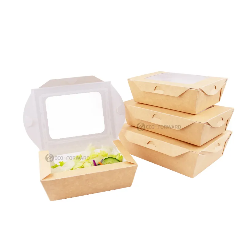 Tek kullanımlık küçük orta büyük boy özelleştirilmiş ambalaj pencere ile kraft gıda konteyner kağıt salata kutuları