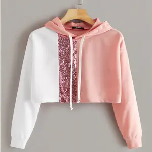 Loveda moletom com capuz feminino com lantejoulas e glitter de manga comprida com cordão de marca própria personalizada rosa branco