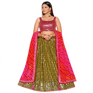 Lehenga Choli Verde Oliva de Georgette con Bordado Geométrico Completo en Zari y Lentejuelas, Elegante Traje Festivo para Bodas - Product Image 1
