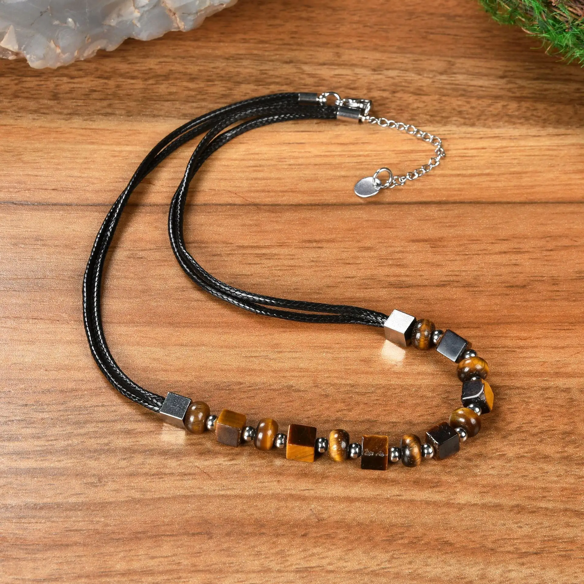 Multi-layer Colored Wood Beads Long Necklace Vintage Woven Tiger Eye Hematite Triangle Pendant Men Necklace