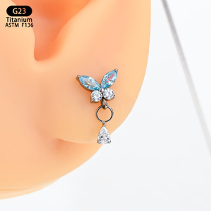 <b>Titanium</b> Butterfly Earrings 7mm G23 Opal Teardrop Pendant Ear Cartilage <b>Studs</b> Fashion Jewelry - Product Image 3