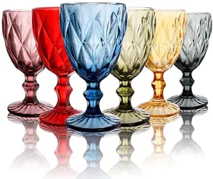 Toptan en çok satan şarap bardakları düğün parti renkli makine preslenmiş Vintage cam kadehler kabartmalı tasarım cam bardak 345 ML