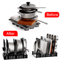 Organisateur de casseroles et poêles pour armoire, support pour couvercles de casseroles, ustensiles de cuisson et batterie de cuisine avec 6 compartiments réglables