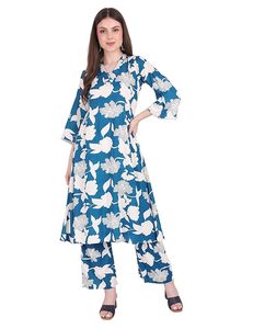 Conjunto de Kurti con Estampado Floral Azul para Mujer, Kurta Elegante de Corte A con Pantalones Anchos a Juego, Conjunto Étnico Cómodo - Product Image 6
