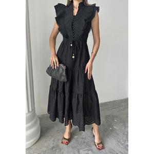 Robe noire à volants et boutons - Noir - Product Image 4