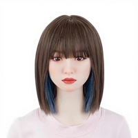 Perruque Courte Femme Marron Froid Bleu Brumeux Naturel Cheveux Synthétiques Pleine Tête Fibre Haute Température 400g Faite à la Machine Tendance