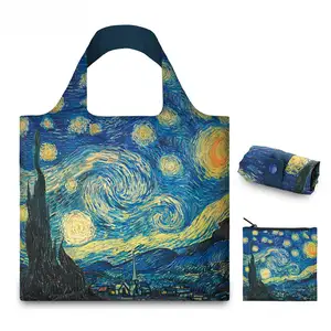 Van Gogh Sunflower Art Printing Folding Nylon Tote Bags Reusable Waterproof Shopping Bag With Custom Logo