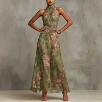 Robe longue en mousseline à imprimé floral, col halter, sans manches, avec ceinture à nouer, pour soirée