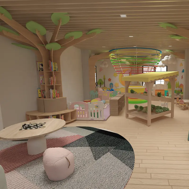 Pusat perbelanjaan anak-anak, set ruang bermain anak orang tua komersial dengan dekorasi pohon