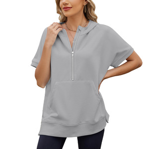 Nouveau <span class=keywords><strong>T</strong></span>-<span class=keywords><strong>shirt</strong></span> à capuche fin pour femme, collection Printemps-É<span class=keywords><strong>t</strong></span>é 2026, coupe ample, manches courtes, avec poches zippées, imprimé décontracté style européen et américain - Product Image 5