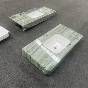 定制绿色大理石浴室佛得角普拉托大理石梳妆台台面，带弧形转角大理石围裙，适合现代浴室 - Product Image 1