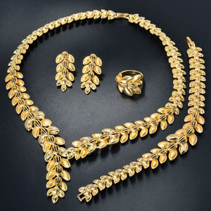 Fashion <b>Jewelry</b> Dubai Bohemia Leaf 14K Gold Plated Zircon <b>Bridal</b> <b>Jewelry</b> <b>Set</b> with Bracelet Ring Necklace Earrings for Women - Product Image 4