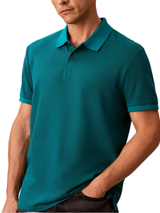 Polo de Punto de Manga Corta Azul Verde Azulado para Hombre, Transpirable, Casual, de Color Sólido, Corte Regular, Polo Liso - Product Image 2