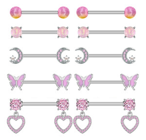 5 paia 14G di anelli per capezzoli in acciaio inox CZ cuore farfalla bilanciere linguetta Piercing gioielli zircone per il corpo da donna - Product Image 1