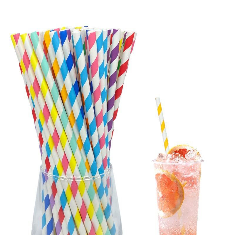Disposable Biodegradable Sugarcane Pulp Paper Straws Customized Pattern Striped Durable for Juice 6-12mm