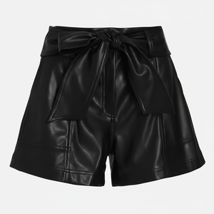 Short en cuir végétalien Fermeture boutonnée Taille à nouer Poches avant arrière Shorts pour femmes Fabrication de vêtements - Product Image 1