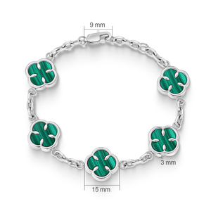 Pulsera de Cadena con Flores Chapada en Oro Blanco y Malaquita Incrustada, Joyería Clásica para Mujer, Regalo, 7 Pulgadas, Engaste de Bisel - Product Image 2