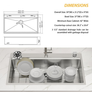Sarlai wastafel dapur tahan karat, mangkuk tunggal 39/42 inci 304 dengan mangkuk keju 3 lubang buatan tangan Modern - Product Image 5