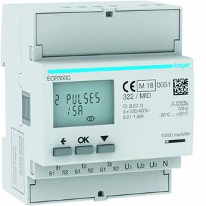 ECP300C Personalizzabile con contatore trifase Hager con CT integrato 1-5 A, uscita a impulsi, 4 moduli MID - Product Image 1
