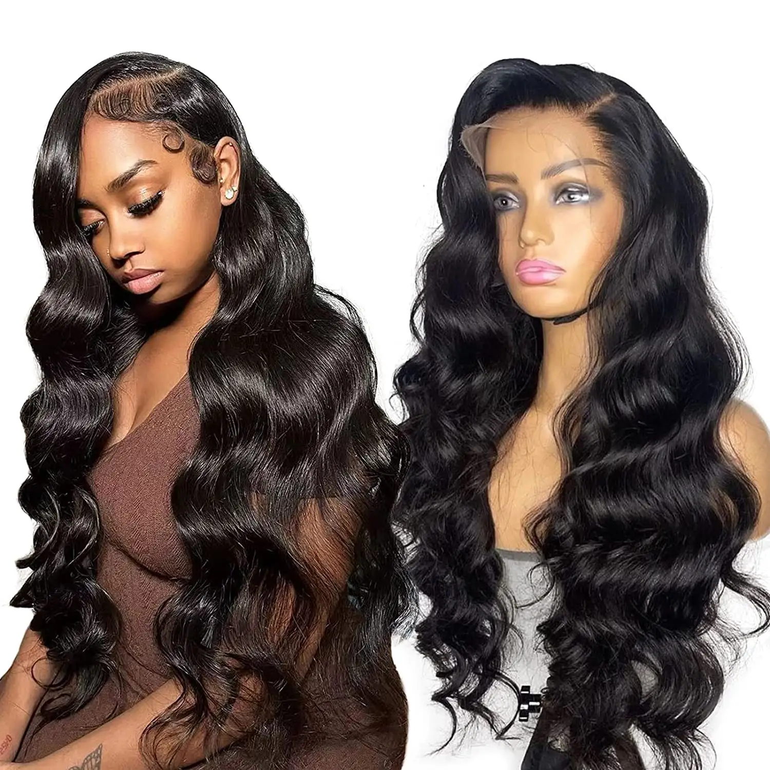 28 Inch Long Black Body Wave Wigs, Right Side Parting Natural Looking Wigs for Women, Full Lace Frontal Human Hair Wigs
